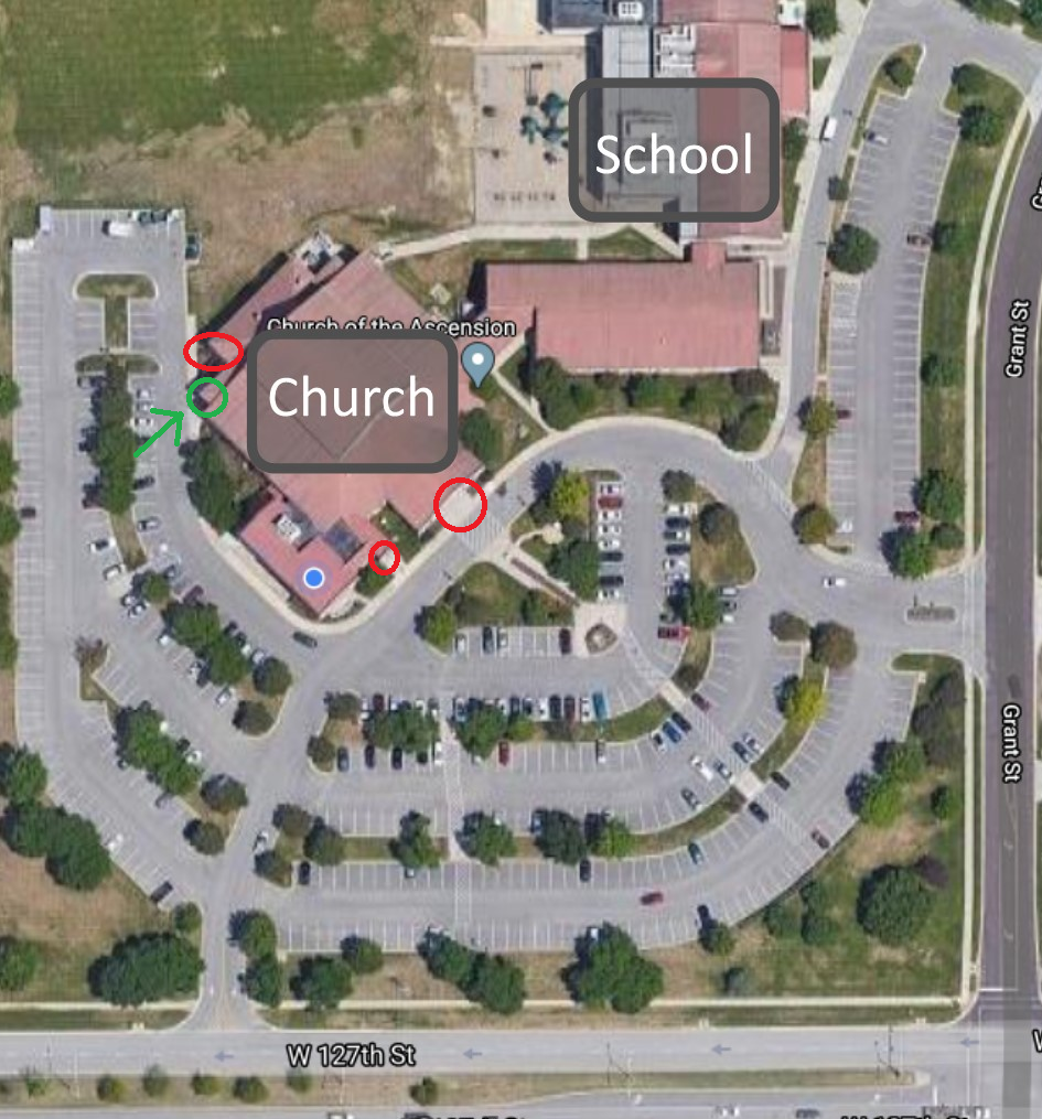 Aerial map showing entrance doors circled in green
